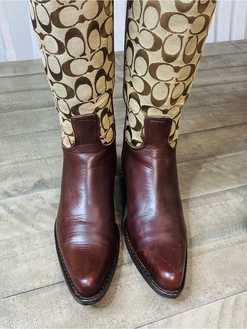 Coach Chrissi Signature Jacquard Leather Tall Riding Boots Brown Burgundy Sz 8 - Picture 10 of 10